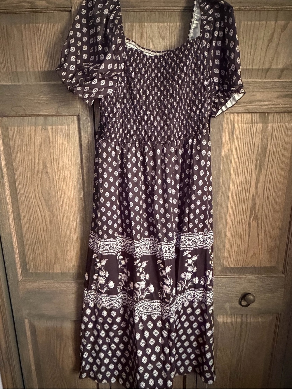 Smocked Maxi Dress in Black with White Floral Print